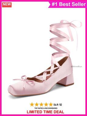 Satin Lace Up Ballet Heels Bow Chunky Heel Mary Jane Pumps